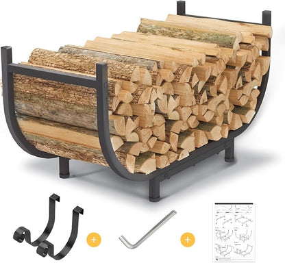PROWORX Curved Firewood Rack Outdoor Indoor, Black 30 Inch Rustproof Fire Wood Storage Organizer, Metal Fireplace Log Holder with Removable Kindling Hooks