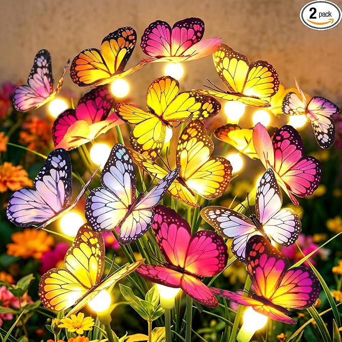 Solar Butterfly Garden Lights, 2 Pack 16 Swaying Butterflies | Lifelike Silk Wings on Wire Stems, For Yard, Patio, Pathway & Lawn, IP65 Waterproof Outdoor, Flutters in Any Breeze