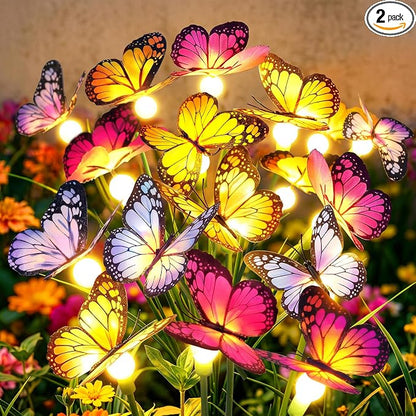 Solar Butterfly Garden Lights, 2 Pack 16 Swaying Butterflies | Lifelike Silk Wings on Wire Stems, For Yard, Patio, Pathway & Lawn, IP65 Waterproof Outdoor, Flutters in Any Breeze