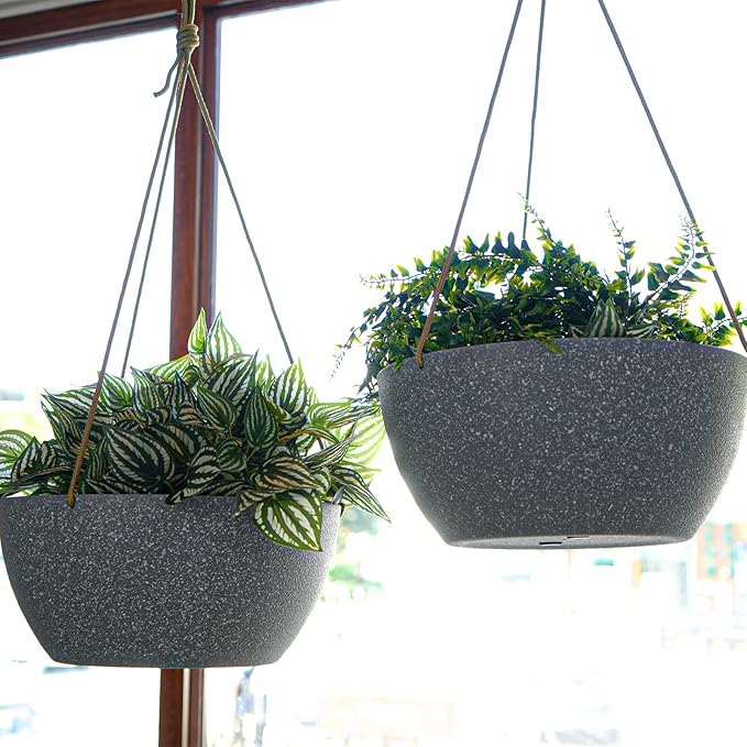SwinDuck 13 Inch 2 Pack Large Hanging Planters for Indoor Outdoor Plants, Plastic Hanging Basket Pots for House Plants Flowers, Grey
