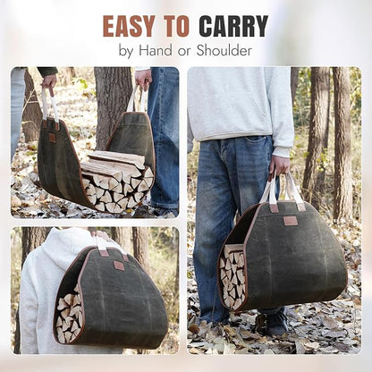 INNO STAGE Firewood Carrier - Enlarge Waxed Canvas Wood Carrier for Firewood, Heavy Duty Log Carrier Bag As Wood Stove Accessories (44" L x 21" W-Green)