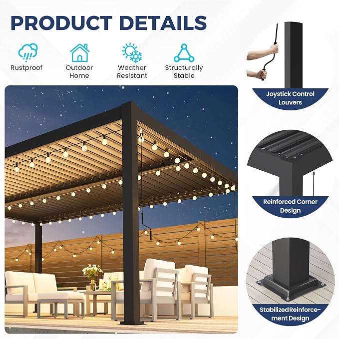 12' x 16' Louvered Pergola, Aluminum Frame Outdoor Pergola with Metal Adjustable Louvered Roof & Integrated Gutter System, Hardtop Patio Gazebo for Backyard, Patio, Garden, Dark Gray