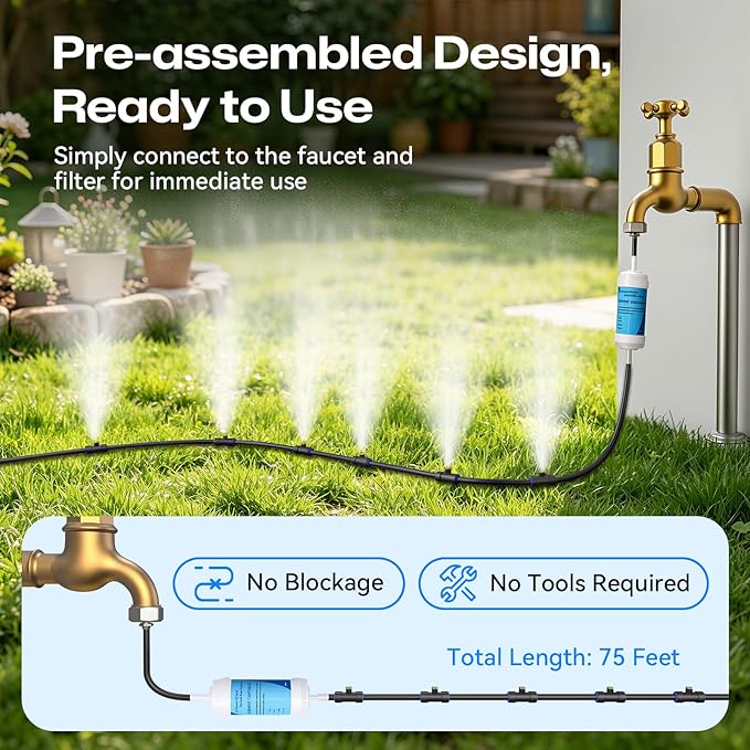 Misters for Outside Patio 75FT/23M, Pre-Assembled Misting Cooling System with 23 Brass Nozzles & 3/4" Adapter, Outdoor Mister for Backyard, Garden, Greenhouse, Chicken Coop, Dog House