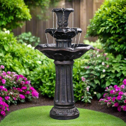 Teamson Home Lily Flower Floor Pedestal 3 Tiered Floor Waterfall Fountain with Pump for Outdoor Patio Garden Backyard Decking, 38 Inch Height, Dark Gray | Pedestal Design, With Pump, Outdoor Patio Garden Backyard Decking, Dark Gray