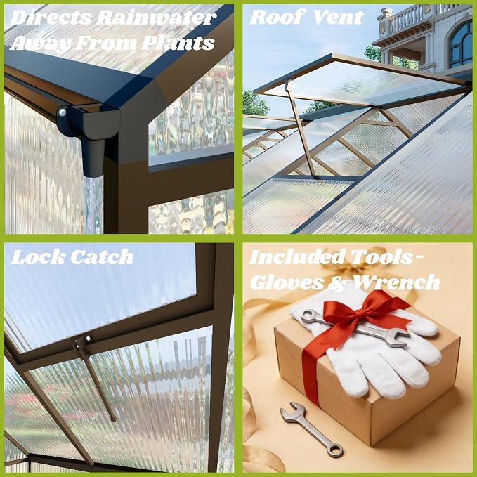 8x12 FT Greenhouse for Outdoors, Polycarbonate Greenhouse with Quick Setup Structure and Roof Vent, Aluminum Large Walk-in Green House for Outside Garden Backyard, Charcoal Black