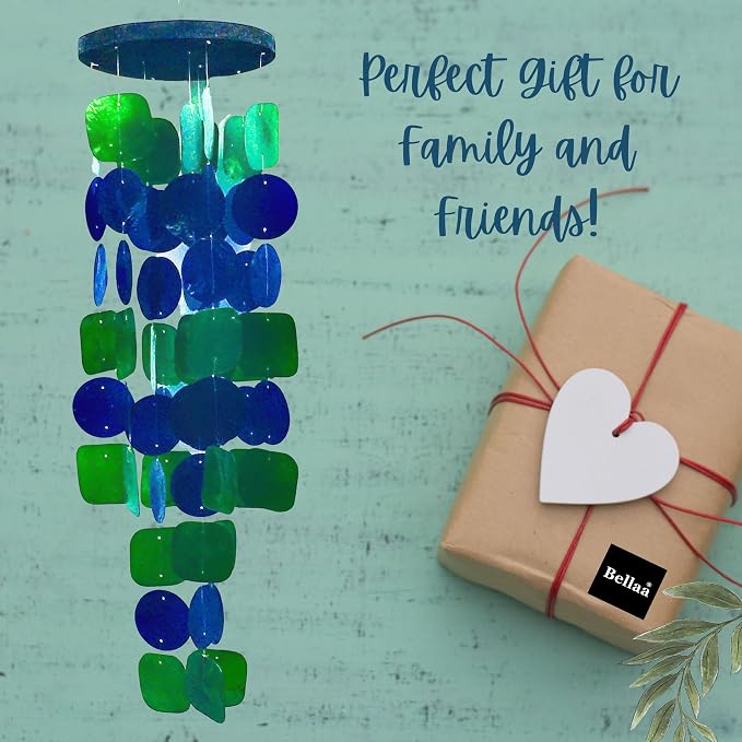Bellaa 24858 Wind Chimes Outdoor, Garden Decorations, Musical, Indoor/Outside Windchimes, Beach, Ocean Breeze, Gifts for Mom, Gift for All Occasions, Capiz Sea Glass Shells Wood 27 inch Green Blue