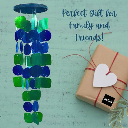 Bellaa 24858 Wind Chimes Outdoor, Garden Decorations, Musical, Indoor/Outside Windchimes, Beach, Ocean Breeze, Gifts for Mom, Gift for All Occasions, Capiz Sea Glass Shells Wood 27 inch Green Blue