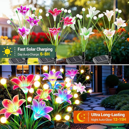 WdtPro Upgraded Solar Garden Lights Outdoor: 4 Pack Solar Firefly Swaying Light with Colorful LED Lily Flower, Waterproof Garden Decor for Yard Patio Pathway Lawn, Gifts for Women (2 Rosy+2 Pink)