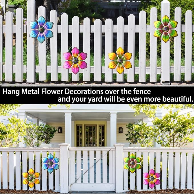 Gooyule Metal Flower Wall Art - Colorful Floral Decor for Indoor Outdoor Hanging - Home Office Garden Yard Wall Decoration Set (Metal Flower Decor B)