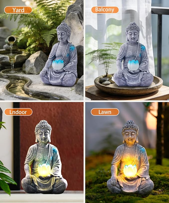 Nacome Solar Buddha Garden Statue Decor: Sitting Resin Figurine with Lotus Flower Light Zen Sculpture for Patio Lawn Yard Porch Balcony Meditation Space - 8.3 inches(Grey)