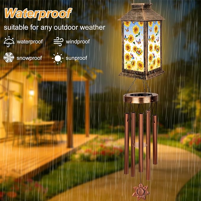 YHmall Sunflowers Wind Chimes for Outside, 37" Hanging Solar Windchimes Outdoors Memorial Gifts for Women Mom Grandma, Solar Lights Wind Chime for Garden Patio Outdoor Decor
