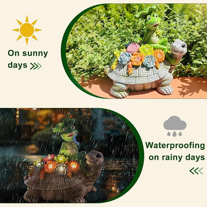 Solar Garden Outdoor Statues Turtle& Frog with Succulent and 8 LED Lights, Turtle Carrying Lotus Leaf Frog Figurines, Lawn Decorations for Patio Yard Gifts for Mom Grandma Housewarming