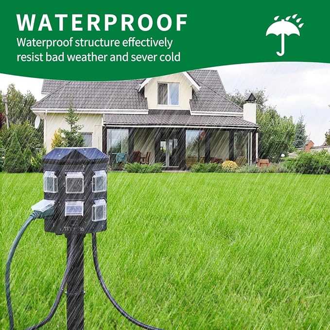 TiFFCOFiO Outdoor Power Strip Waterproof, 24 Hour Mechanical Timer, 6 ft Extension Cord, 6 Grounded Outlets for Outdoor Lights, ETL Listed (6 FT)