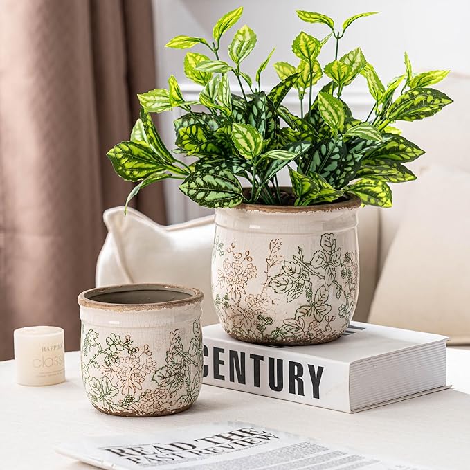 SURE YUESI Ceramic Plant Pots Set of 2, 4.7 & 5.7 Inch Vintage Indoor Planters with Drainage Hole, Farmhouse Ceramic Flower Pots for Indoor Plants, Rustic Cottage Decor for Home Kitchen Garden, Green