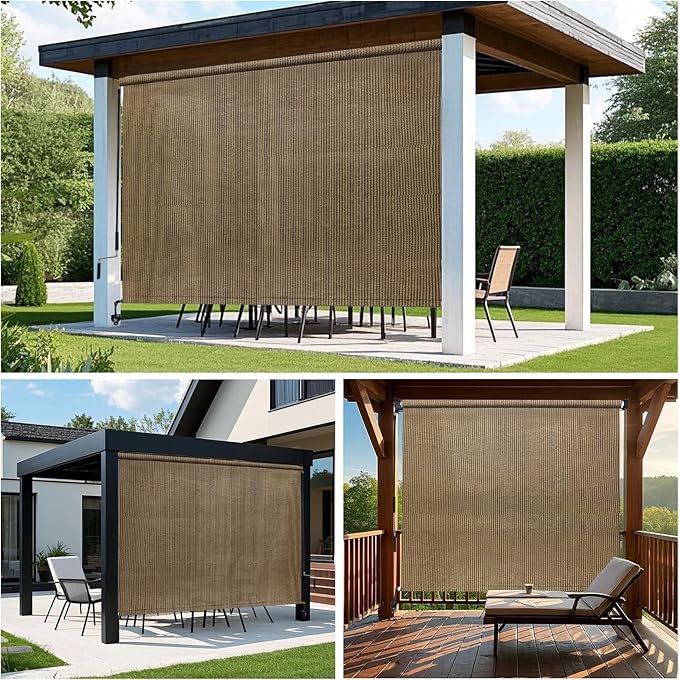 KANAGAWA Outdoor Roller Shade 10'X8' Walnut Exterior Cordless Patio Roll Up Shades for Outside Pergola Porch, Outdoor Blinds for Patio