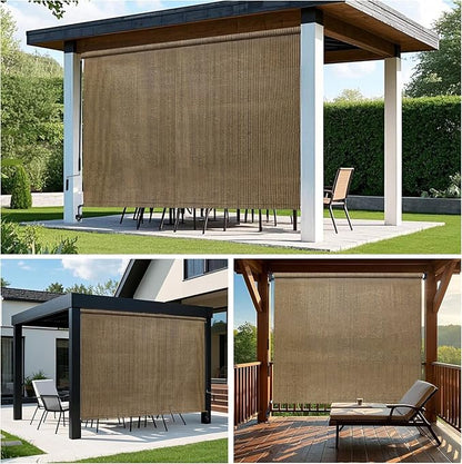 KANAGAWA Outdoor Roller Shade 10'X8' Walnut Exterior Cordless Patio Roll Up Shades for Outside Pergola Porch, Outdoor Blinds for Patio