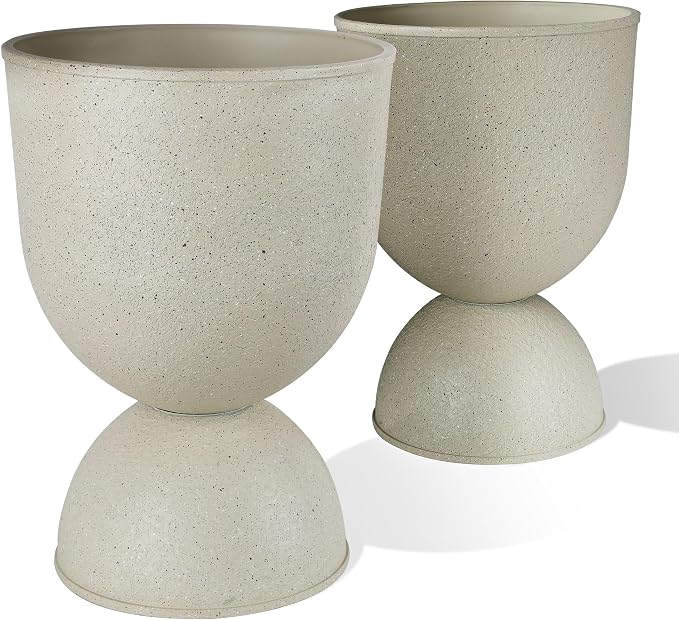 KOL Planters Flower Pots, Plastic Urn Planters for Indoor Outdoor Plants, Beige Pedestal Planter Pots 2 Pack, 15 Inch Tall Decorative Planters with Drainage Holes & Plugs for Front Porch Patio Garden