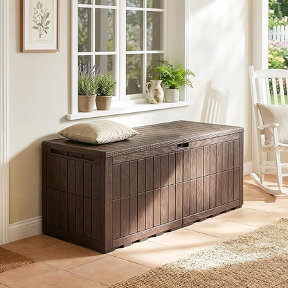 Tangkula 180 Gallon Outdoor Storage Box, Waterproof PP Resin Patio Storage Box with Lockable Lid for Indoor & Outdoor Use, 2-in-1 Rattan Design Deck Box for Cushions, Garden Tools