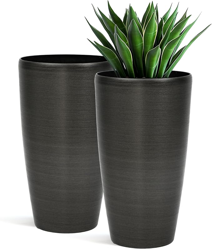 Autodaya 22.8" Tall Black Brushed Resin Planters Set of 2 | High-Density Resin Pots with Drainage Hole For Patio, Garden, Porch, Living Room, Indoor or Outdoor Use, and Gifting