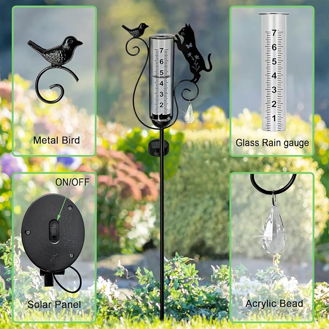 Solar Black Cat & Bird Metal Stake with Glass Rain Gauge, Outdoor Yard Lawn Pathway Garden Decor