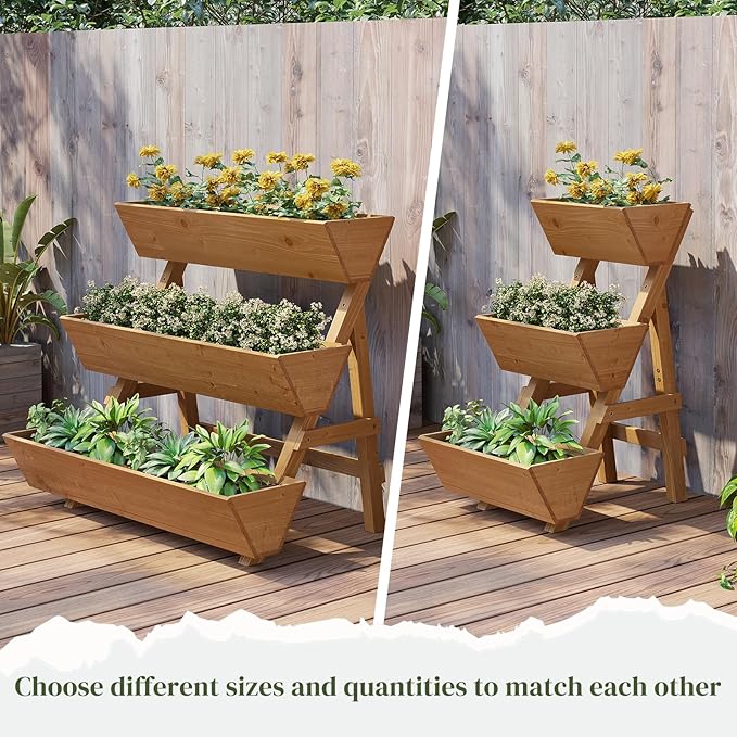 3-Tier Wooden Vertical Raised Garden Bed with Legs, Tiered Planter Box, Vertical Garden Planter,Wood Plant Stand Wood Flower Rack for Patio, Balcony, Freestanding (Brown-Small)