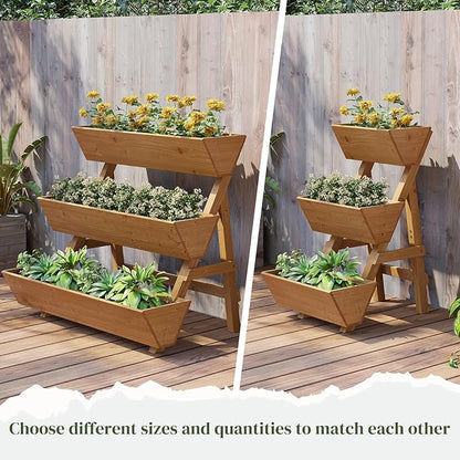 3-Tier Wooden Vertical Raised Garden Bed with Legs, Tiered Planter Box, Vertical Garden Planter,Wood Plant Stand Wood Flower Rack for Patio, Balcony, Freestanding (Brown-Small)