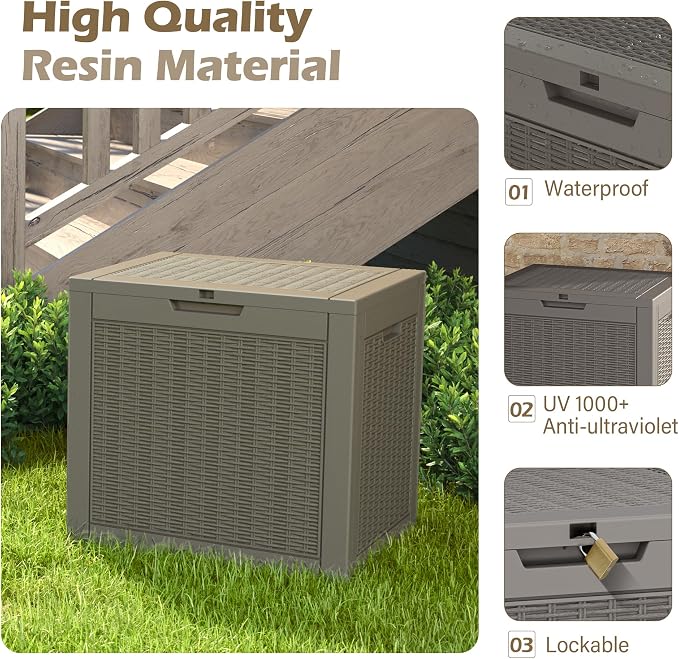 Outdoor Storage Box, 35 Gallon Deck Box with Lockable Lid, Waterproof Resin Storage Bin for Patio Furniture, Garden Tools, Cushions, Grey
