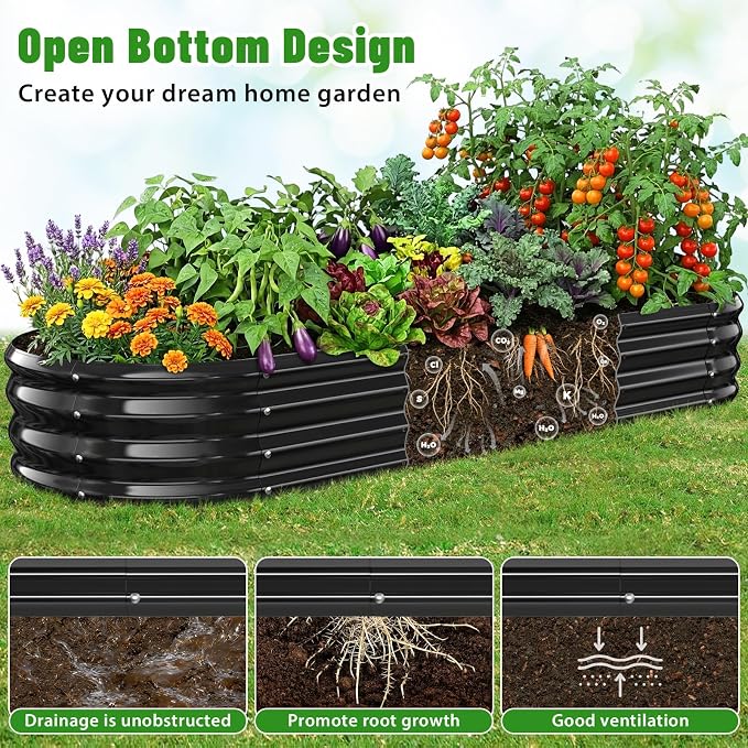 Oval Raised Garden Bed, 6 x 2 x 1FT, Galvanized Steel Planter Box with Wave-Shaped Metal Panels Painted for Outdoor Flower,Tree,Herb & Vegetable Garden (Black, 72X24X12 inches)