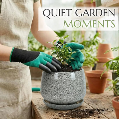 7.5 Inch Flower pots for Indoor Outdoor Plants with Saucer Drainage Leak-Proof Mesh, Ceramic Planter with Gardening Gloves for Succulent and Flower(Gray White)