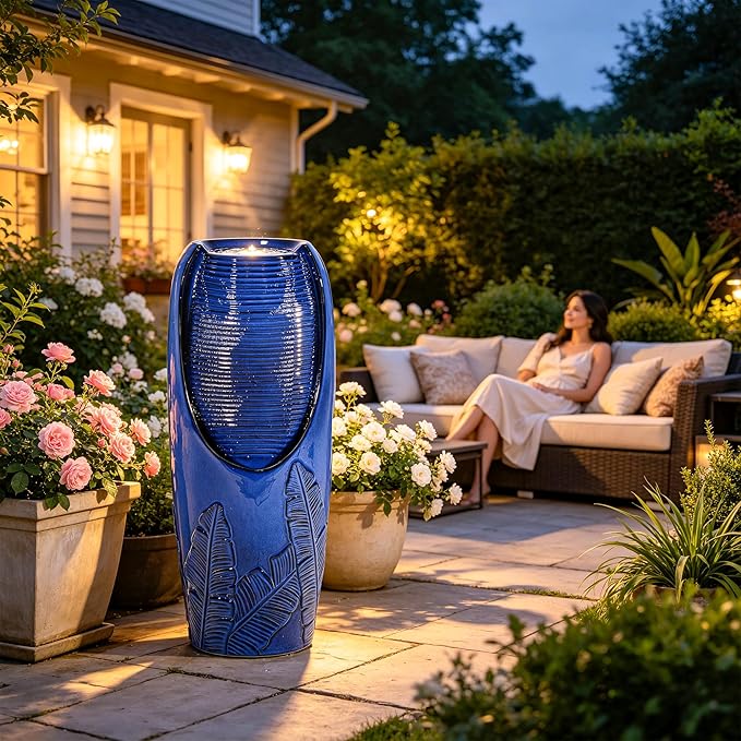 Autodaya 33" H Ceramic Jar Outdoor Water Fountain with Lights, Cobalt Blue | Natural Charm Water Feature with 3D Tropical Leaf Pattern, Soothing Cascading Waterfall for Peaceful Garden Patio Yard Porch