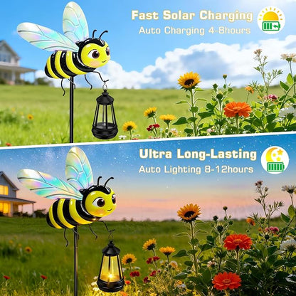 EDOF 32.28in Metal Bee Garden Stakes with Solar Lights Outdoor Decorative | Solar Lights Waterproof Bee Garden Decor for Yard Art Outside Patio Porch Lawn,Birthday Gifts for Women Mom