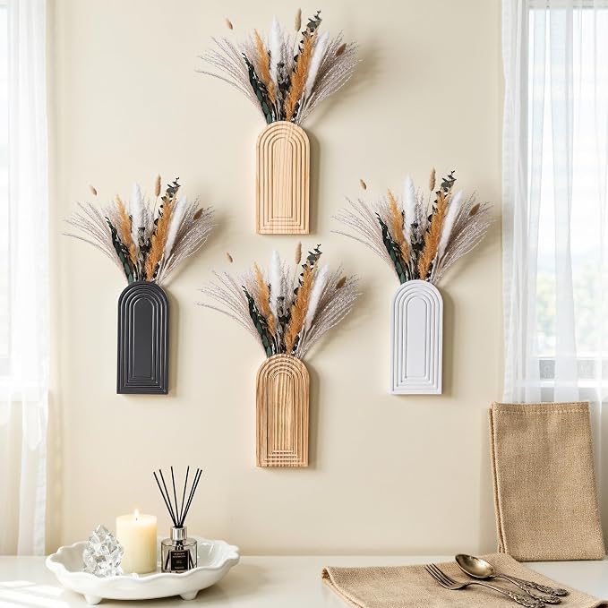 DREAMLOOM 2 Pack Wooden Wall Vases with Dried Pampas Grass and Eucalyptus Plants, Wall Hanging Planters Boho Modern Farmhouse Indoor for Narrow Spaces Entryway Bathroom Home Office Decoration, White
