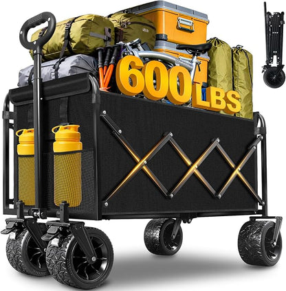 Wagons Carts Foldable Heavy Duty, 600 lb Tank Wheel Wagon with Brakes | Tank wheel utility wagon for groceries, beach, camping, garden and moving; 220L storage, all-terrain wheels and dual brakes