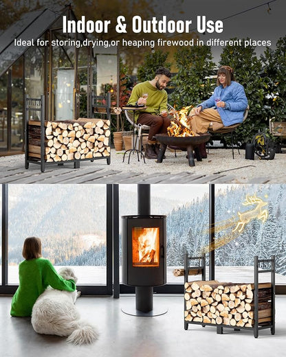 Brightown 34inch Firewood Rack Indoor with Log Carrier, Outdoor Wood Rack for Firewood,Fire Wood Storage with Kindling Hooks, Adjustable Pads, Heavy Duty Logs Holder for Fireplace Deck Outdoor, Black