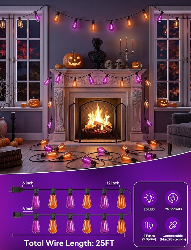 25Ft LED Outdoor String Lights, Halloween Orange Purple Lights with 25 0.6W ST38 LED Bulbs, Waterproof Connectable Patio Lights for Indoor Outdoor Backyard Garden Halloween Christmas Holiday Decor