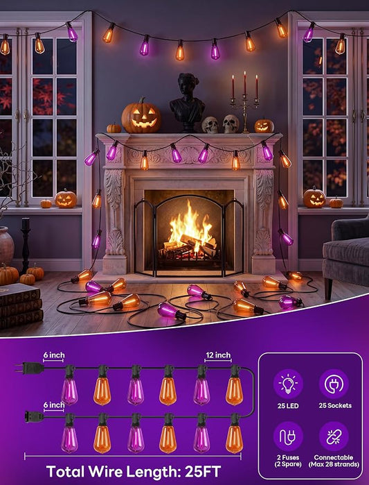 25Ft LED Outdoor String Lights, Halloween Orange Purple Lights with 25 0.6W ST38 LED Bulbs, Waterproof Connectable Patio Lights for Indoor Outdoor Backyard Garden Halloween Christmas Holiday Decor