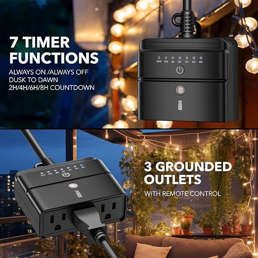 BN-LINK Outdoor Timer for Lights, Remote Control Outdoor Timer Outlet with Dusk to Dawn Sensor, 2/4/6/8 Hour Countdown, 100 ft RF Range, 6-Inch Grounded Cord, 15A 1/2HP, ETL Listed