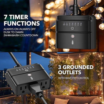 BN-LINK Outdoor Timer for Lights, Remote Control Outdoor Timer Outlet with Dusk to Dawn Sensor, 2/4/6/8 Hour Countdown, 100 ft RF Range, 6-Inch Grounded Cord, 15A 1/2HP, ETL Listed