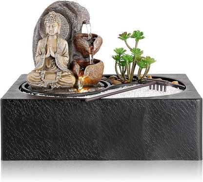 WICHEMI Waterfall Fountains Indoor Water Fountain Tabletop Fountain Zen Garden Buddha Fountain with LED Warm Light for Office Home and Bedroom Desktop Decor
