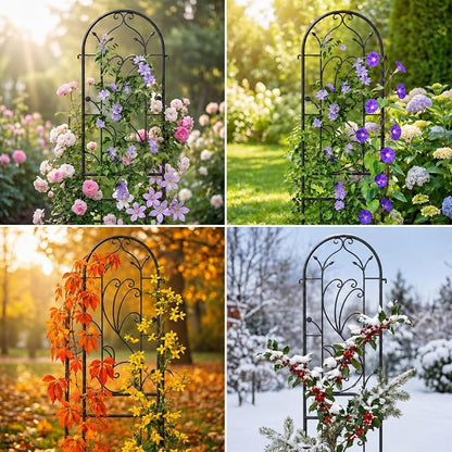 2-Pack 87" x 20" Sunflower Scroll Arch Black Metal Garden Trellises | Set of 2 rust-resistant trellises with Sunflower scrollwork, arched tops, and support for roses, vines, or vegetables