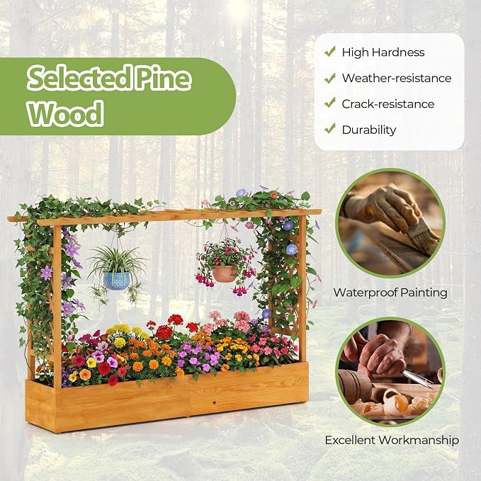 S AFSTAR 45-Inch Raised Garden Bed with Arch Trellis, Hanging Roof, Planter Box, Drainage Holes, Vertical Plant Container for Vine Climbing Plant Flower, Standing Wood Planter for Garden Patio Yard