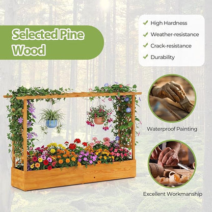 S AFSTAR 45-Inch Raised Garden Bed with Arch Trellis, Hanging Roof, Planter Box, Drainage Holes, Vertical Plant Container for Vine Climbing Plant Flower, Standing Wood Planter for Garden Patio Yard