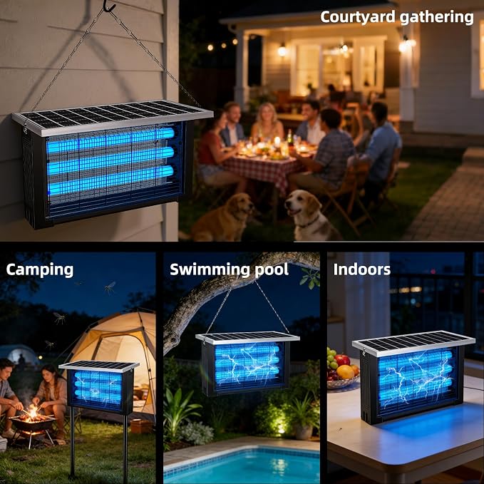 Solar Bug Zapper Outdoor for 3000 sq.ft, Waterproof Mosquito Zapper, Rechargeable Fly Zapper with 3 LED Tube,Cordless Solar Mosquito Killer for Patio Yard Garden Camping with 13W Solar Panel (9023A)