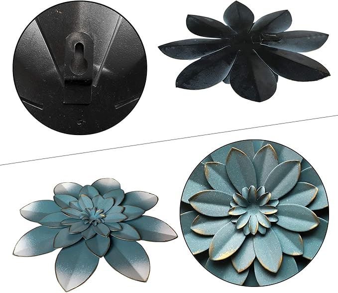 Metal Flower Wall Art Decor, 9.5" Blue Rustic Modern Floral Sculpture | Gradual Distressed Hanging Home Decoration Accent Artworks, Indoor Bedroom Living Room Office, Outdoor Garden Patio