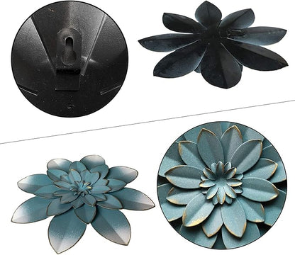 Metal Flower Wall Art Decor, 9.5" Blue Rustic Modern Floral Sculpture | Gradual Distressed Hanging Home Decoration Accent Artworks, Indoor Bedroom Living Room Office, Outdoor Garden Patio