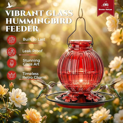 2 Pack Glass Hummingbird Feeder for Outdoors Hanging, Bird Nectar Feeder with Perch & 5 Flower Feeding Ports, 26 Oz Leak Proof for Outside Garden Decor Backyard, Gifts for Women Mom, Red + Green Blue