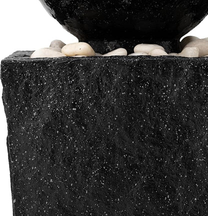 Glitzhome Outdoor Water Fountain with LED Light & Pump, Black Pedestal Sphere Fountain Decorative Water Fountains, Modern Waterfall Floor Fountain with Pebbles for Garden Patio Decor Porch, 31.75”H