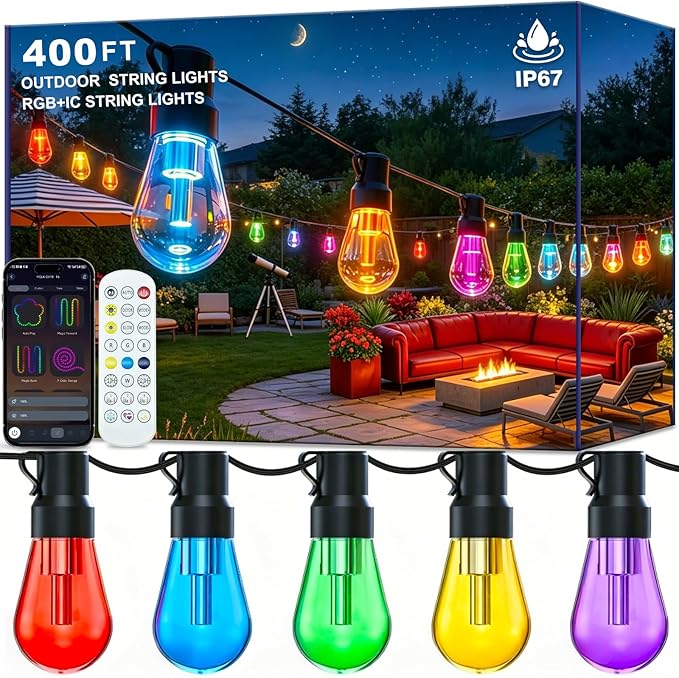 AILBTON RGB+IC 400FT Outdoor String Lights Bulbs IP67 Waterproof LED Color Changing Smart App Hanging Shatterproof Light with Remote Controller for Outside, Patio, Backyard, Garden, Party