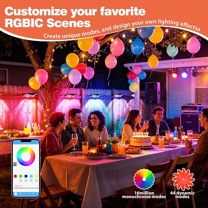 Outdoor Fence Lights Plug in, 50FT RGBIC LED Fence Lights, App & Remote Control, 100 Scene Modes, IP67 Waterproof Outdoor Lights for Backyard, Patio, Deck - Brighter Than Solar Lights