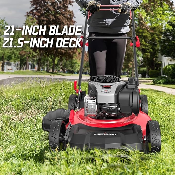 PowerSmart 21" 3-in-1 Gas Push Lawn Mower with 140cc Briggs&Stratton 4-Stroke Engine - Wide Cutting Deck, 6 Height Adjustments, Mulching Capability